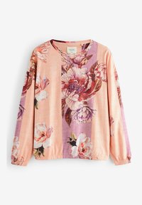 Top floral cu mâneci lungi, având un imprimeu botanic roz și lavandă, cu manșete elasticizate și un guler rotund. Textură a materialului moale.