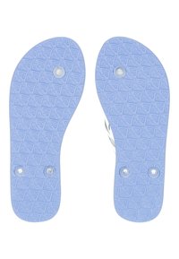 Semelles de tongs bleues texturées avec un motif géométrique, présentant des trous circulaires pour l'attachement des sangles. Bords lisses, matériau léger.