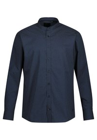 Marineblaues Hemd mit Stehkragen, das ein kleines Muster aus weißen Punkten aufweist, lange Ärmel und einen geraden Saum hat.