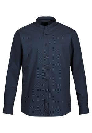 Marineblaues Hemd mit Stehkragen, das ein kleines Muster aus weißen Punkten aufweist, lange Ärmel und einen geraden Saum hat.