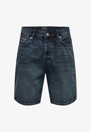 Pantaloni scurți din denim albastru închis cu închidere cu nasturi, bucle pentru curea, buzunare frontale și etichetă de marcă în interiorul taliei.