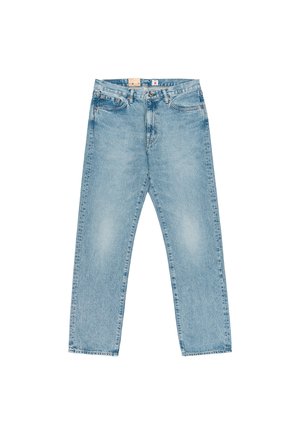 Light blue straight-leg denim jeans with front pockets, belt loops, and a button-and-zipper closure, laid flat on a white background.