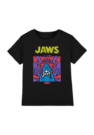 Schwarzes Baumwoll-T-Shirt mit einem mehrfarbigen Grafikdruck eines Hais und dem Text "JAWS" in fetten, gelben Buchstaben.
