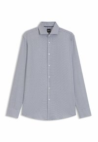 Camicia con bottoni a quadri blu e bianchi, maniche lunghe, colletto classico e chiusura frontale con bottoni. Realizzata in tessuto liscio.