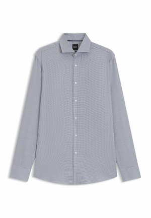 Button-up shirt in blue and white checkered pattern, long sleeves, classic collar, and front button closure. Made of smooth fabric.