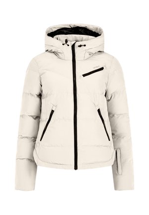 Hellbeige Pufferjacke mit Kapuze. Mit Reißverschlüssen versehene Brust- und Seitentaschen. Schwarze Akzente an den Reißverschlüssen und Bündchen. Glatte, gesteppten Textur.
