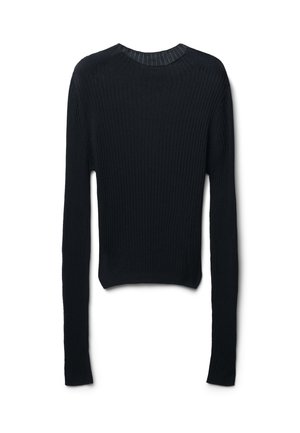 Pull en maille côtelée noir avec manches longues et encolure ronde. Présente un design ajusté et un tissu texturé.