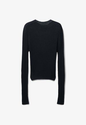 Pull en maille côtelée noir avec manches longues et encolure ronde. Présente un design ajusté et un tissu texturé.