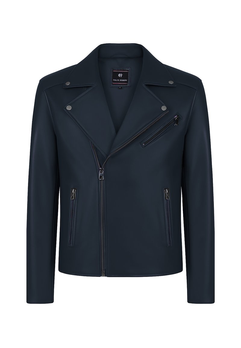 Marineblaue Leder-Bikerjacke mit aufschlagbarem Kragen, asymmetrischem Reißverschluss und zwei vorderen Reißverschlusstaschen. Glatte Textur mit metallischen Akzenten.