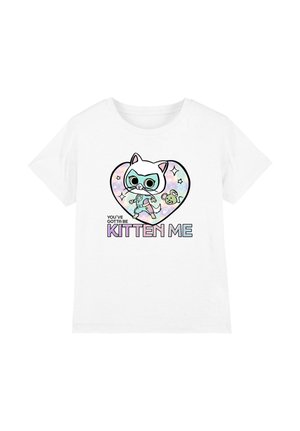 White t-shirt with cartoon cat superhero in mask and cape inside a pastel heart, labeled "You've gotta be kitten me" below.