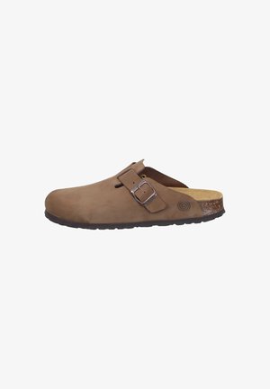 Brown suede clog with a silver buckle, cork midsole, and textured rubber sole. Open back design for easy wear.