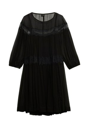 Abito nero realizzato in tessuto trasparente con bordo in pizzo lungo il collo e la vita, caratterizzato da maniche lunghe e una gonna fluida e arricciata.