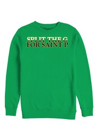 Sudadera verde con mangas largas y cuello redondo. En la parte frontal destaca un texto estilizado y en negrita: "SPLIT THE G FOR SAINT P" en colores contrastantes.
