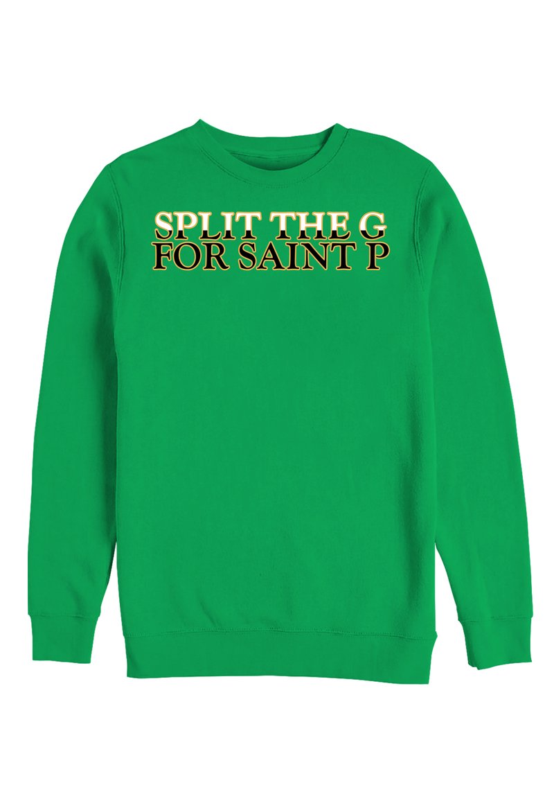 Sudadera verde con mangas largas y cuello redondo. En la parte frontal destaca un texto estilizado y en negrita: "SPLIT THE G FOR SAINT P" en colores contrastantes.