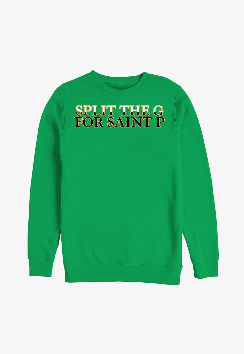 Sudadera verde con mangas largas y cuello redondo. En la parte frontal destaca un texto estilizado y en negrita: "SPLIT THE G FOR SAINT P" en colores contrastantes.