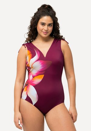 Bordeaux eenpiece badpak met een bloemenprint in roze en oranje. Bevat een v-hals en verstelbare bandjes met rimpel-details.