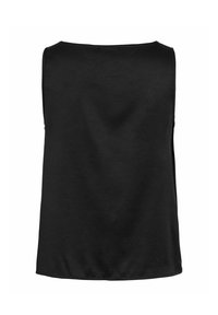 Haut sans manches en satin noir avec un décolleté droit et une coupe ample, vu de dos sur un fond blanc.