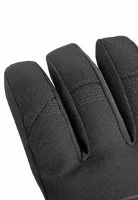 Schwarze Textilhandschuhe mit drei separaten Fingeröffnungen, ausgestattet mit gepolsterten Bereichen und einer glatten Stoffoberfläche. Geeignet für kaltes Wetter.