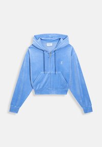Felpa blu in velluto tagliata, con zip frontale, cappuccio regolabile e due tasche anteriori. Presenta un piccolo logo sul lato sinistro del petto.