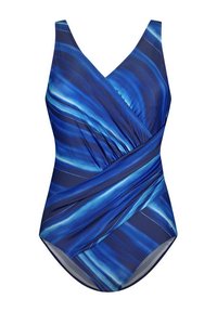 Blauwe badpak met een v-hals, voorzien van een spiraalvormig gestreept patroon in verschillende tinten blauw. Zacht, rekbaar materiaal en een aansluitend ontwerp.