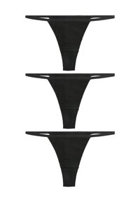 Perizoma nero a coste con cinturini laterali stretti. Tre pezzi esposti verticalmente, che mettono in mostra una superficie liscia e un design minimalista.