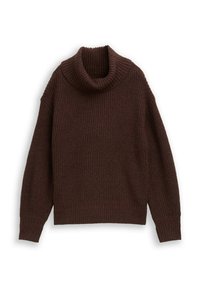 Brauner Strickpullover mit steigendem, umgeschlagenem Kragen, gerippter Textur und langen Ärmeln. Besitzt einen kastigen Schnitt und einen gerippten Saum.