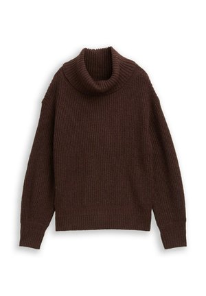 Brauner Strickpullover mit steigendem, umgeschlagenem Kragen, gerippter Textur und langen Ärmeln. Besitzt einen kastigen Schnitt und einen gerippten Saum.