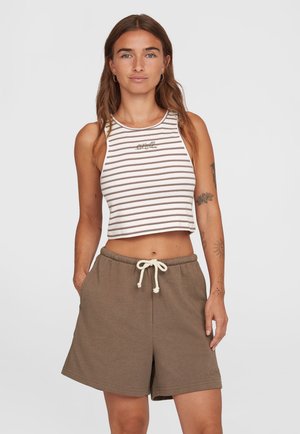 Striped crop top in beige and brown, with a rounded neckline, paired with tan drawstring shorts featuring an elastic waistband and side pockets.