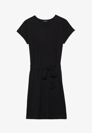 Melns īsām piedurknēm tērps, kas izgatavots no mīksta auduma, ar apaļu izgriezumu un saistošu jostu, kas nodrošina pielāgojamu pielaidi.