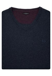 Niebiesko-granatowy sweter w serek wykonany z dzianiny. Posiada bordowy wewnętrzny kołnierz oraz małe logo na klatce piersiowej. Miękka tekstura i średnia waga.