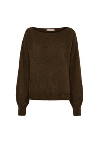 Brun stickad tröja med vid halsringning, långa ärmar och ribbade muddar. Mjuk textur och avslappnad passform. Betonas av en enkel design.