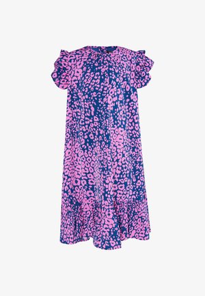 Vestido de manga corta en tejido azul marino con estampado de leopardo rosa, que presenta un dobladillo con volantes y un escote fruncido para un detalle añadido.