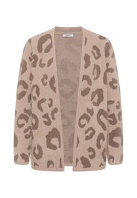 Beige kardigan med leopardmönster i brunt. Har en öppen framsidan, långa ärmar och ett mjukt, texturerat tyg. Ingen knäppning eller dekorationer.