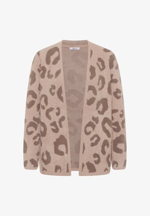 Beige cardigan with leopard print in brown. Features an open front, long sleeves, and a soft, textured fabric. No fastenings or embellishments.