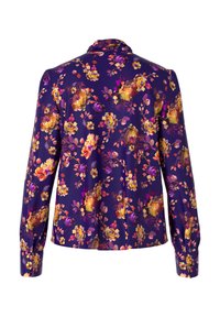 Floral-patterned blouse in purple fabric, featuring long sleeves and a collar. Vibrant flowers in yellow, pink, and purple across the surface.