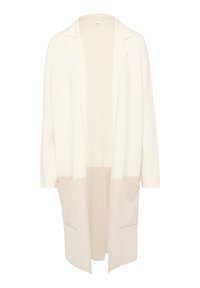 Langer, offener Cardigan in Creme und Hellbeige. Verfügt über ein strukturiertes Strickmuster, zwei vordere Taschen und einen schrägen Kragen.