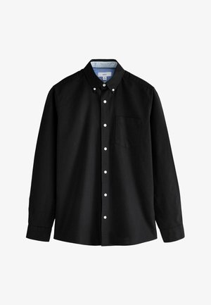 Black long-sleeve shirt with button-down collar, white buttons, single chest pocket, and a smooth texture. Internal collar features a light blue stripe.