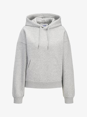Gray hoodie made of soft, textured material, featuring a front pocket, drawstring hood, and a small embroidered logo on the chest.