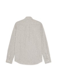 Ριγέ πουκάμισο με μακριά μανίκια σε ανοιχτό γκρι και λευκό. Διαθέτει γιακά, κουμπωτά μανίκια και κεντρική ντεκολτέ με πτυχώσεις στην π λάτη.