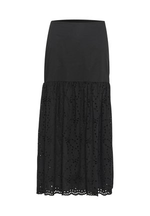 Black skirt with fitted upper section and a tiered lower section featuring intricate embroidery and scalloped hem. Made of lightweight fabric.