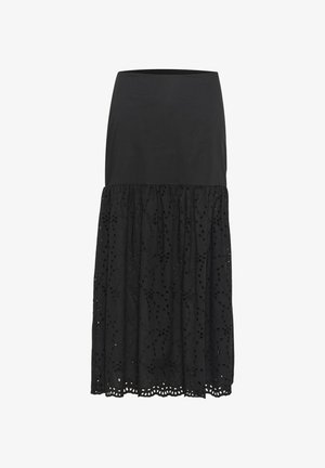 Black skirt with fitted upper section and a tiered lower section featuring intricate embroidery and scalloped hem. Made of lightweight fabric.