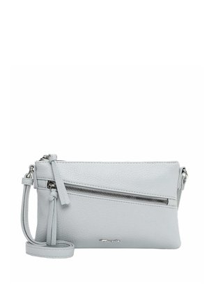 Light gray leather crossbody bag with diagonal zip pocket, tassel zipper pulls, and adjustable shoulder strap.