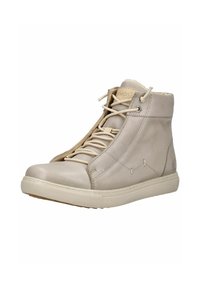 Lichtbeige hoge sneaker van soepel leer met platte veters, versterkte neus en gestructureerde rubberen zool. Bevat subtiele stiksels en een logo.