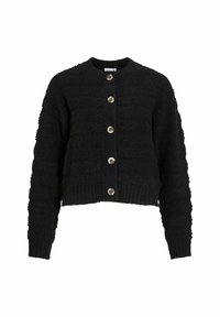 Zwarte cropped cardigan van gemêleerd materiaal, met een ronde halslijn, lange mouwen en grote knoopsluitingen aan de voorkant.