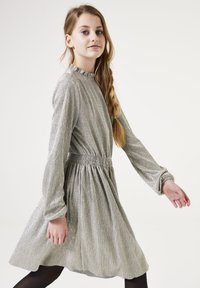 Robe en velours argenté avec de longues manches, taille cintrée et jupe évasée, présentant un col haut et une texture striée subtile.