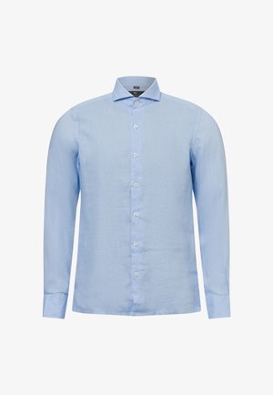 Light blue long-sleeve shirt featuring a pointed collar, front button closure, and cuffs. Made from a soft, textured fabric.
