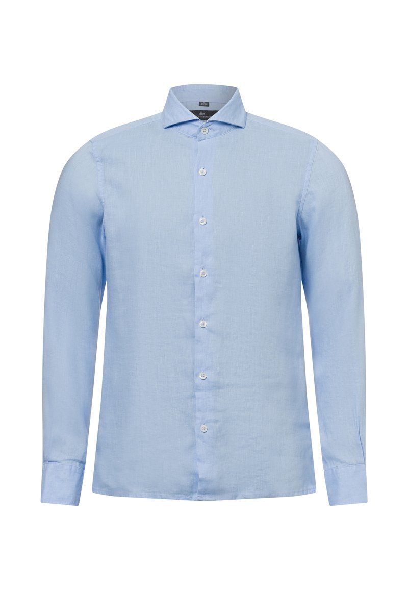 Lichtblauwe blouse met lange mouwen, een puntige kraag, een sluiting met knopen aan de voorkant en manchetten. Gemaakt van een zachte, gestructureerde stof.