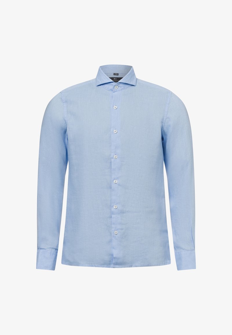 Lichtblauwe blouse met lange mouwen, een puntige kraag, een sluiting met knopen aan de voorkant en manchetten. Gemaakt van een zachte, gestructureerde stof.