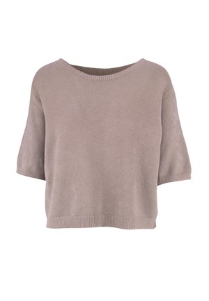Kurzärmeliger, locker sitzender Strickpullover in weichem Beige mit rundem Ausschnitt und gerippten Abschlüssen an Ärmeln und Saum.
