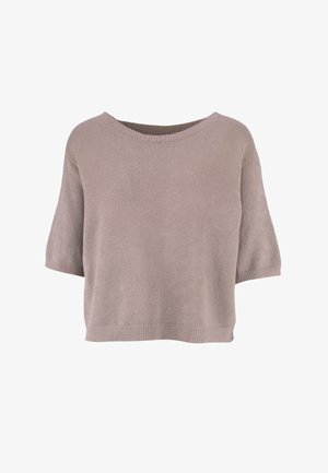 Kurzärmeliger, locker sitzender Strickpullover in weichem Beige mit rundem Ausschnitt und gerippten Abschlüssen an Ärmeln und Saum.